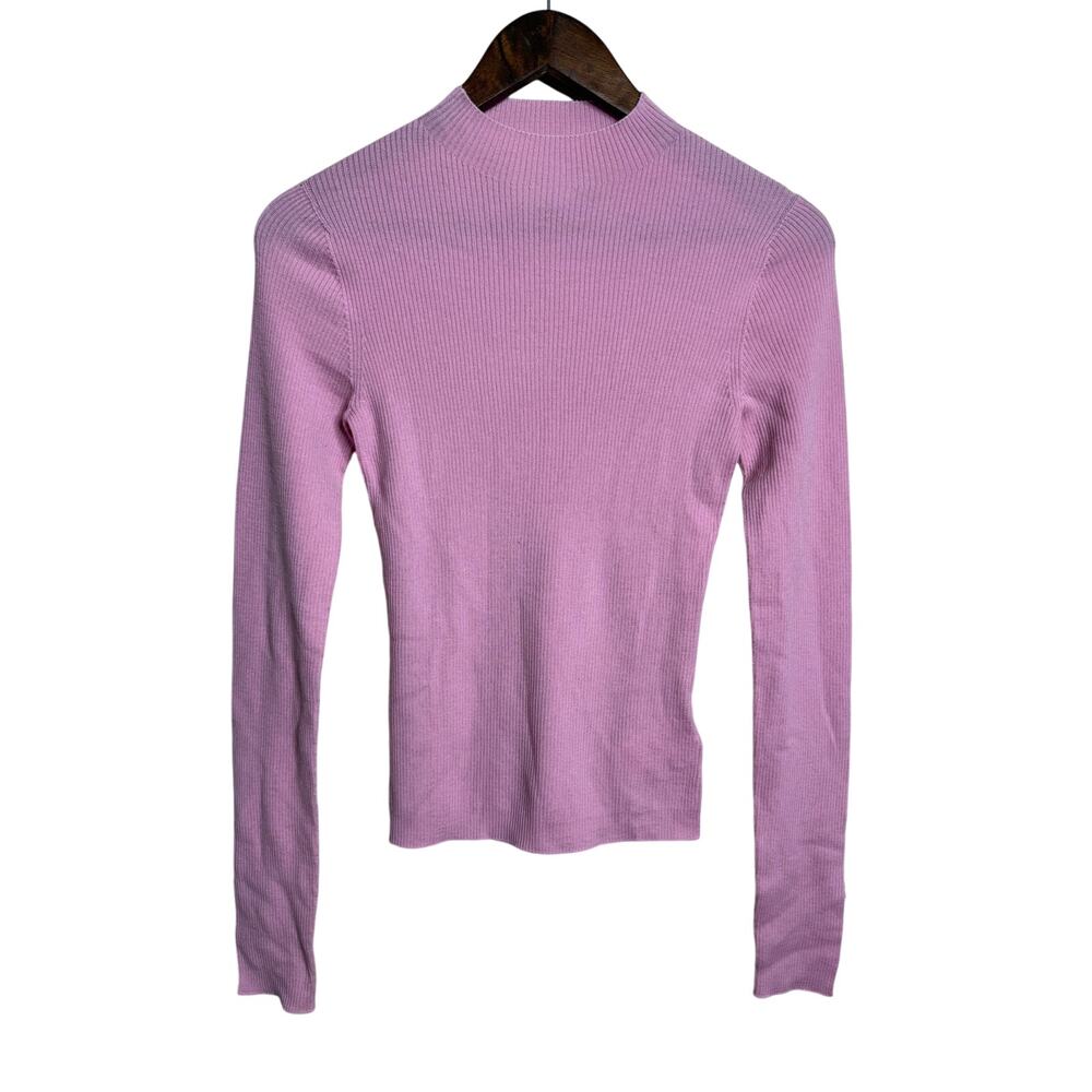 Aje Carolina Rib Knit Top S 100% Merino Wool Mock Neck Split Cuff in Chalk Pink